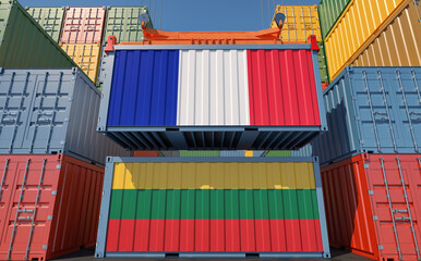 Shipping containers with France and Lithuania national flag. 3D Rendering 