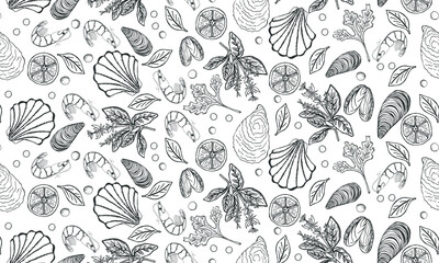 Vector hand drawn seafood seamless pattern with mussel, fish salmon and shrimp. Lobster, squid, octopus, scallop, lobster or craps, mollusk, oyster, alfonsino and tuna for product market.