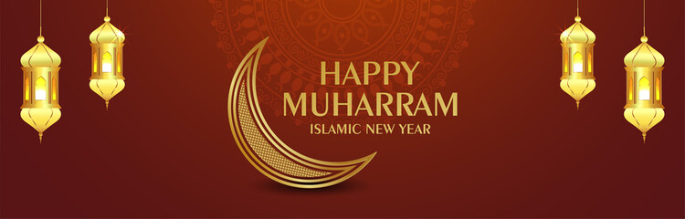 Happy muharram banner or header with creative golden lantern