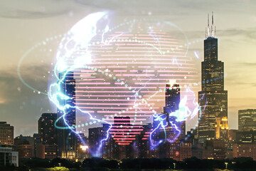 Double exposure of abstract digital world map hologram with connections on Chicago office buildings background, big data and blockchain concept