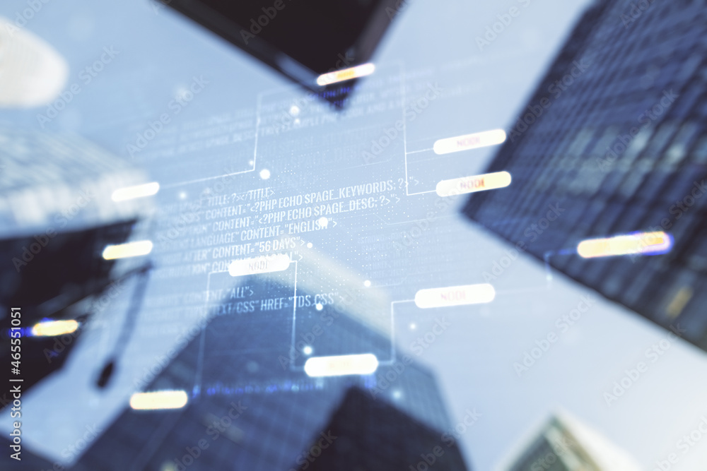 Poster double exposure of abstract programming language interface on modern skyscrapers background, researc