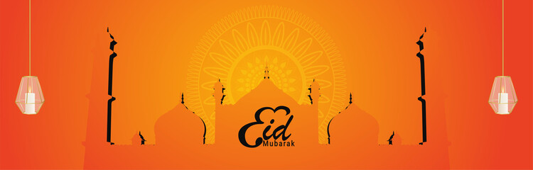 Eid mubarak banner or header on crystal lantern