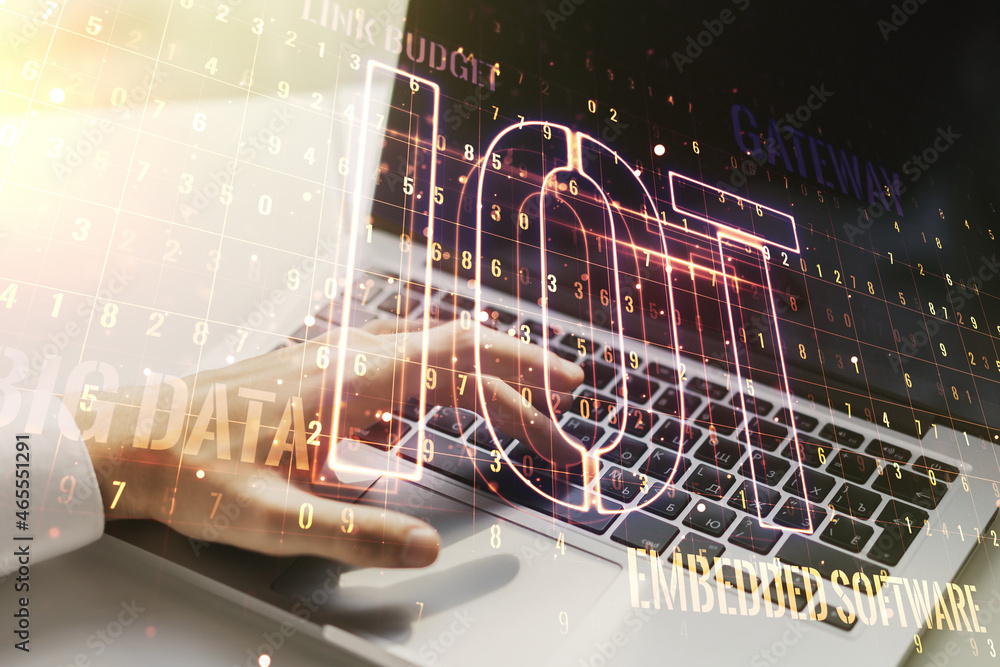 Aufkleber creative iot hologram with hands typing on computer keyboard on background, internet of things conce