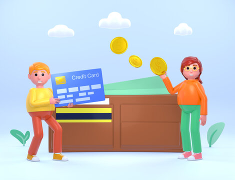 3d render of man and woman standing near big wallet. Family budget, online wallet, secure payments concept