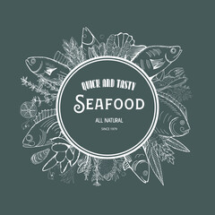 Vector illustration sketch - fish marketCard menu seafood. vintage design template, banner.