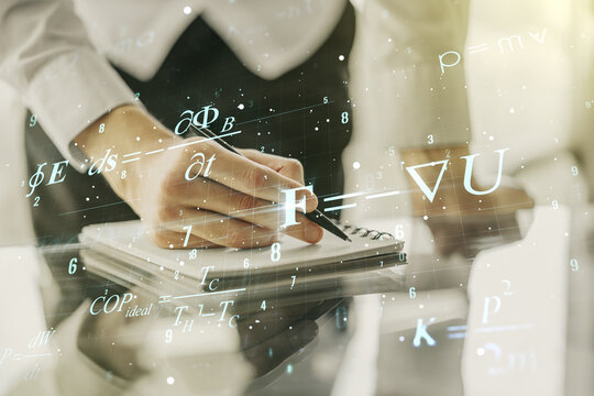 Creative scientific formula illustration with man hand writing in diary on background, science and research concept. Multiexposure