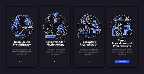 Physiotherapy dark onboarding mobile app page screen. Physical therapy types walkthrough 4 steps graphic instructions with concepts. UI, UX, GUI vector template with linear color illustrations