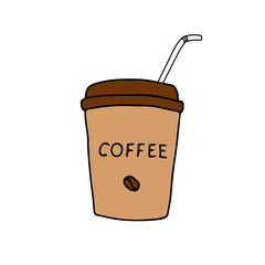 Brown hand drawing illustration of coffee in a paper cup with a plastic lid and tube to go with lettering Coffee