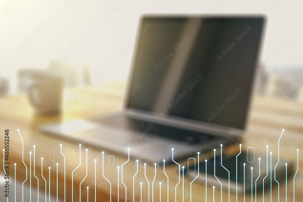 Aufkleber double exposure of circuit hologram and modern desktop with laptop on background. research and devel