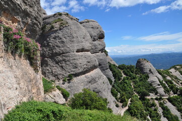 Mountain landscape. Mountains with flat peaks. A view of the distant mountains overgrown with bushes.