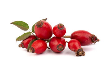 The rosehip isolated on white background. Fresh raw berries with leaves.
