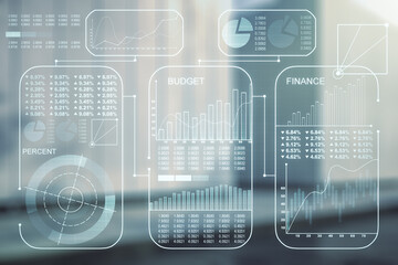 Abstract virtual stats data hologram on blurry modern office building background. Multiexposure