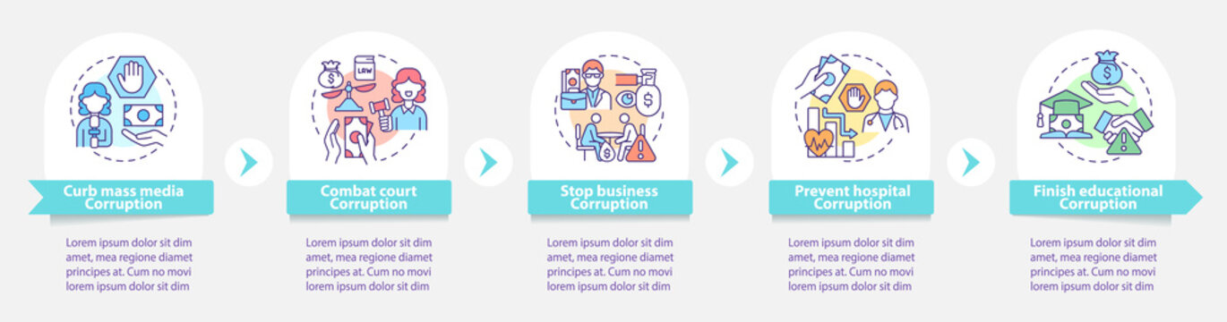 Curb Corruption Vector Infographic Template. Anti Corruption Actions Presentation Outline Design Elements. Data Visualization With 5 Steps. Process Timeline Info Chart. Workflow Layout With Line Icons