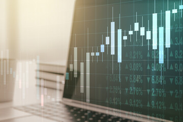 Multi exposure of abstract creative financial graph on modern computer background, forex and investment concept