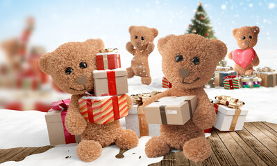 cute stuffed teddy bear cartoon character with package as Christmas gift in front of many Christmas presents outdoor on wooden snow covered floor 3d-illustration