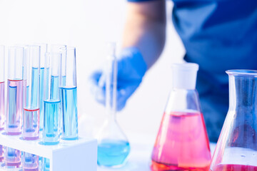 Science Concept. Chemical lab glassware with elements, laboratory research and development 