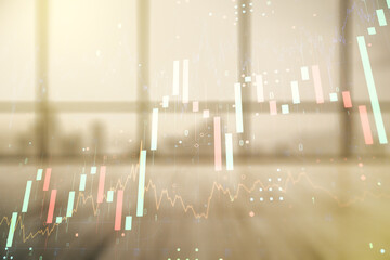 Double exposure of abstract creative financial chart hologram on empty modern office background, research and strategy concept