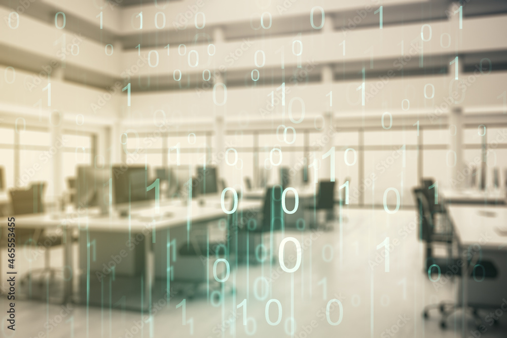 Poster abstract virtual binary code hologram on a modern furnished classroom background, ai and machine lea