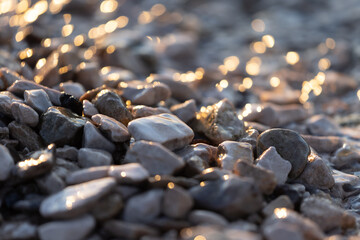 Coastal wet small stones washed by water in the rays of sunset