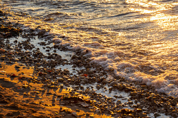 The shoreline of the river of stones and sand washed by a cold autumn wave in the rays of sunset.
