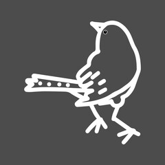 Hand-drawn white vector illustration of one bird is sitting on a gray background