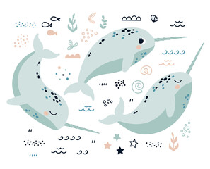 A set of narwhal marine animals. Vector illustration in Scandinavian cute style