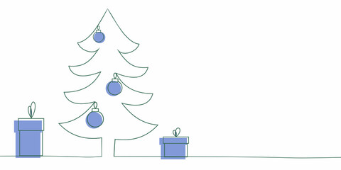 Fototapeta na wymiar Christmas tree and gift boxes, continuous line drawing invitation, blue on white, copy space