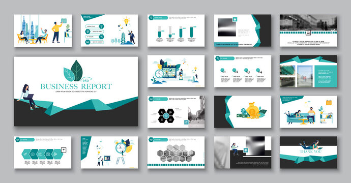 Eco-design City Business. Presentation Powerpoint Template, Geometric Shapes Background, Green And Black Elements.Teamwork, Businessman, Nature And Trees.Use In Flyers Webinar Pages.Vector Infographic