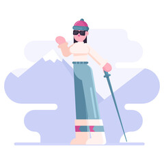 woman skier holding skis happy girl wearing ski suit winter vacation activity concept female cartoon character full length flat
