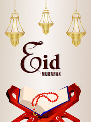 Eid mubarak realistic holy book quraan with golden lantern