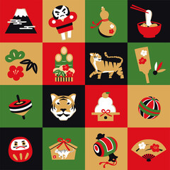 Icon Set of New Year's greeting card for the year of the tiger. Chinese zodiac illustration. Japanese New Year. hand drawn items, vector design, seamless, Tapestry...