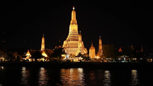 Prang of Wat Arun  Happynight on Chao Phraya River Bankkok Thailand