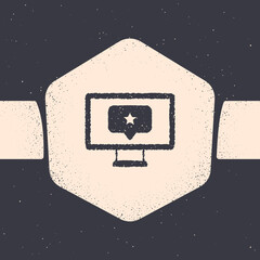 Grunge Monitor with star icon isolated on grey background. Favorite, best rating, award symbol. Monochrome vintage drawing. Vector