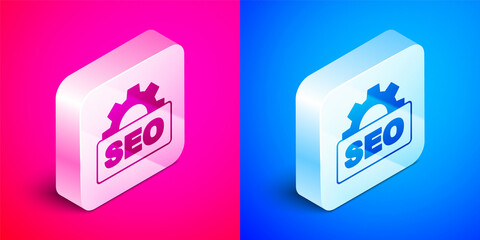 Isometric SEO optimization icon isolated on pink and blue background. Silver square button. Vector