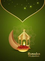 Eid mubarak or ramadan kareem party flyer with realistic islamic lantern and moon
