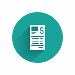 White Paper or financial check icon isolated with long shadow background. Paper print check, shop receipt or bill. Green circle button. Vector