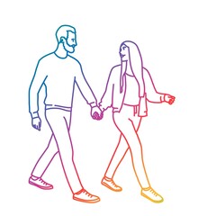 Man and woman walking together holding hands.
