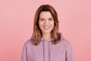 Obraz premium Photo of young cheerful woman happy positive smile toothy ceramic oral cavity isolated over pink color background