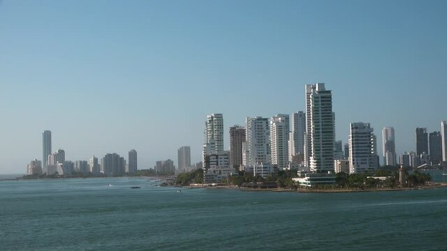 Panorama of the modern city. View from the sea. Cartagena, Colombia. Cartagena city filmed from cruise ship