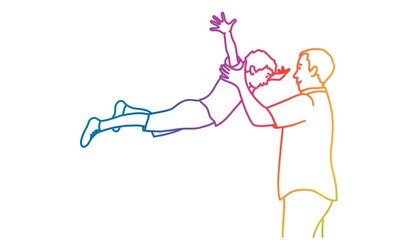 Father plays, raising his daughter or son to the sky.