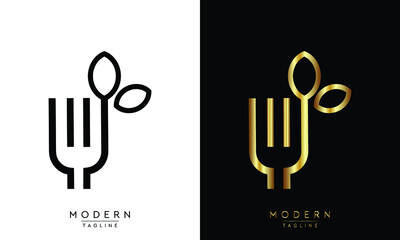 Fork leaf organic logo design. Healthy food icon template.
