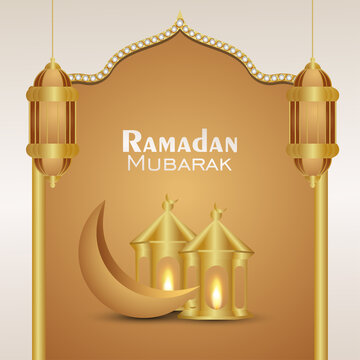 Ramadan kareem islamic festival greeting card with elegant golden lantern