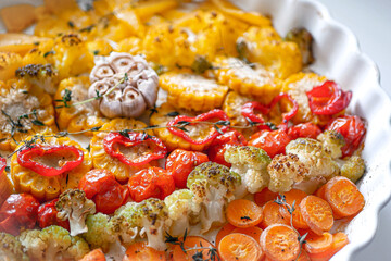 Baked vegetables carrots, pumpkin, corn, peppers, garlic, tomatoes close-up. Homemade vegetarian food background