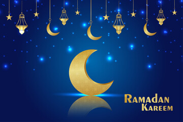 Obraz na płótnie Canvas Islamic festival of ramadan kareem background with golden moon on blue background