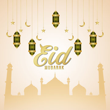 Eid mubarak islamic festival invitation greeting card with elegant with golden lantern on white background