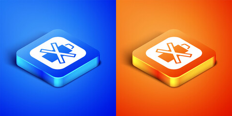 Isometric Battery charge level indicator icon isolated on blue and orange background. Square button. Vector