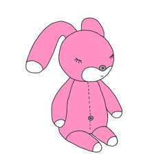Hand drawn pink vector illustration of a beautiful little young hare or rabbit sleeping on a white background
