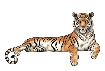 Lying tiger. Vintage black engraving illustration for poster. Isolated on white
