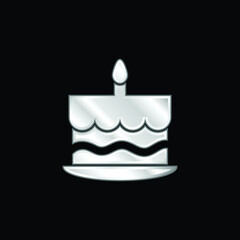 Birthday Cake With One Burning Candle On Top silver plated metallic icon