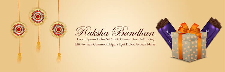 Raksha bandhan celebration banner or header with realistic rakhi and gifts